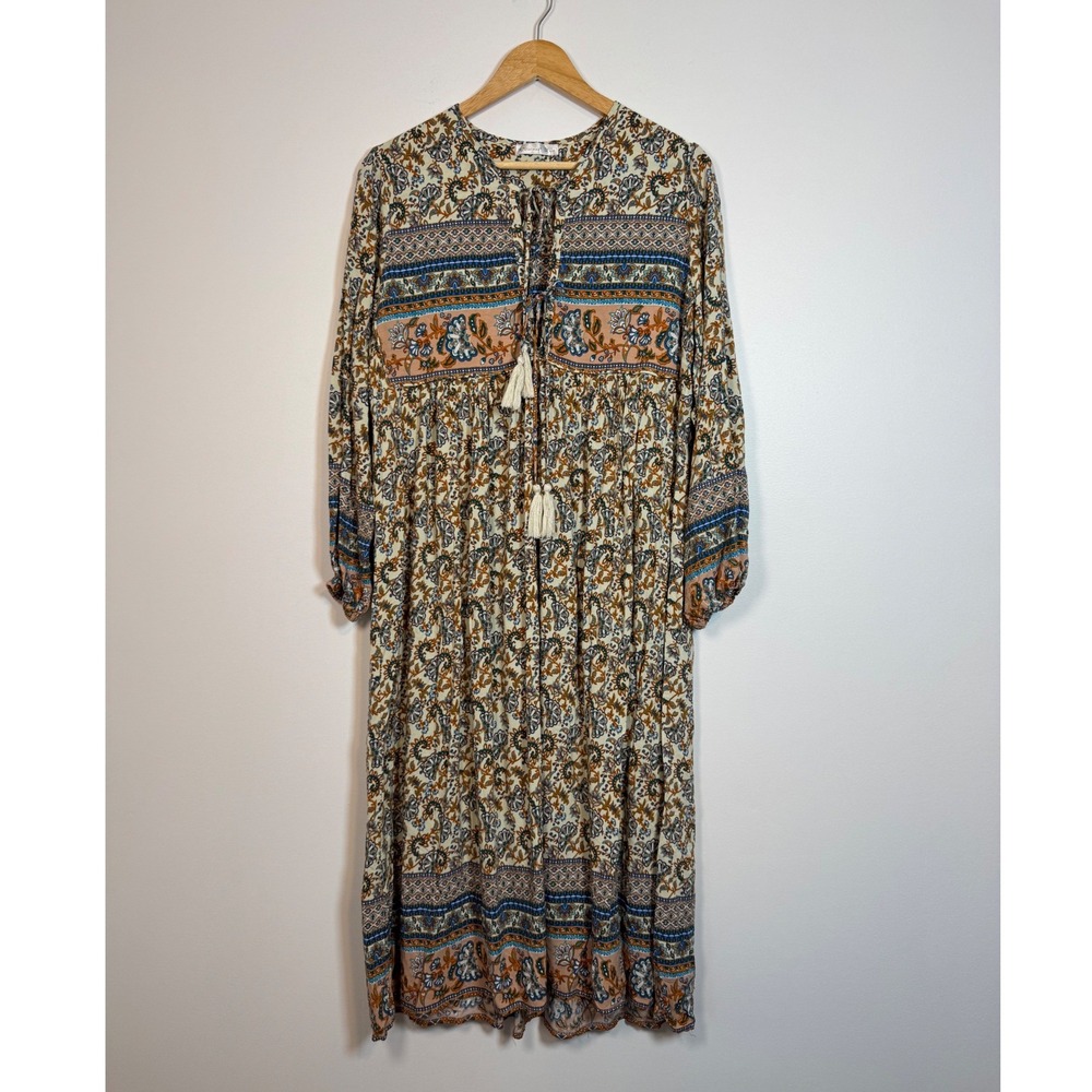 Boho Peasant R.Vivimos Floral Paisley Midi‎ Dress Women Size L Multicolor